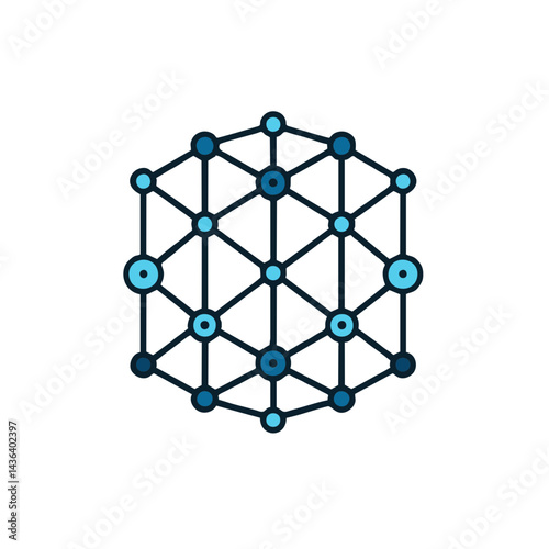Vector icon of a hexagonal network grid with interconnected nodes Symbolizes system topology communication network data structure blockchain or technology concepts Modern geometric node fills