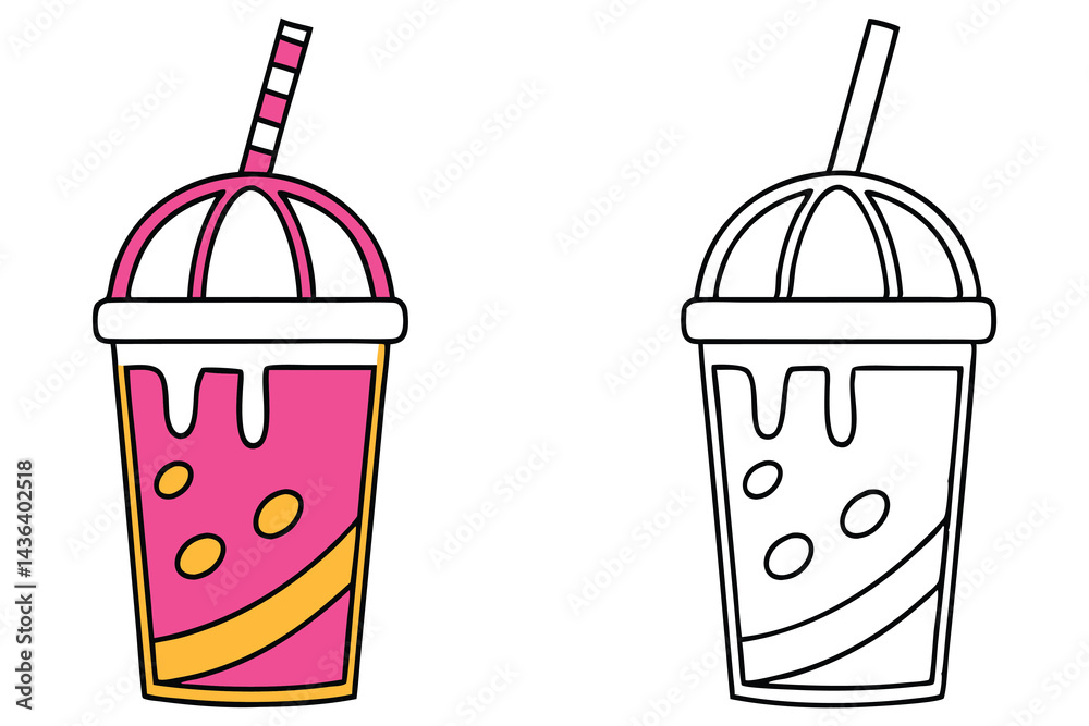 Soda Cup Art, Colorful Smoothie Cartoon with Straw, Coloring Page Outline Soda Cup Art, Colorful Smoothie Cartoon with Straw, Coloring Page Outline