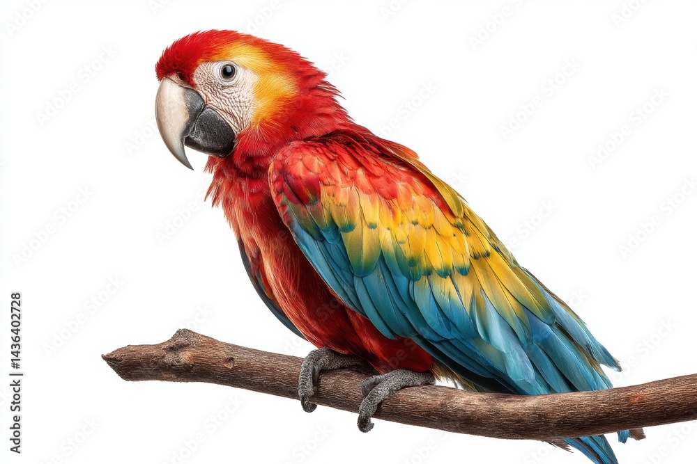 Obraz premium Colorful parrot perched on tropical branch showcasing vibrant feathers in bright sunlight