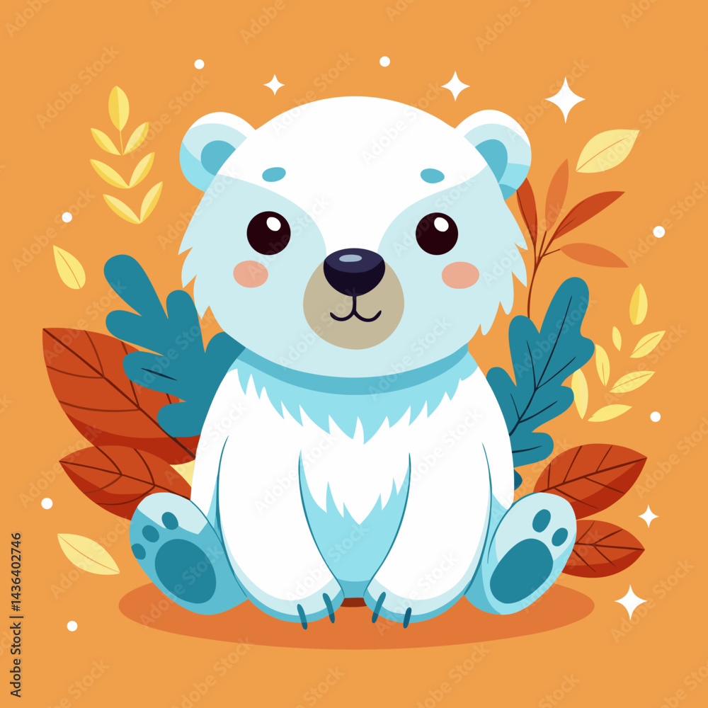 Obraz premium Adorable Cartoon Polar Bear Sitting Among Autumn Leaves