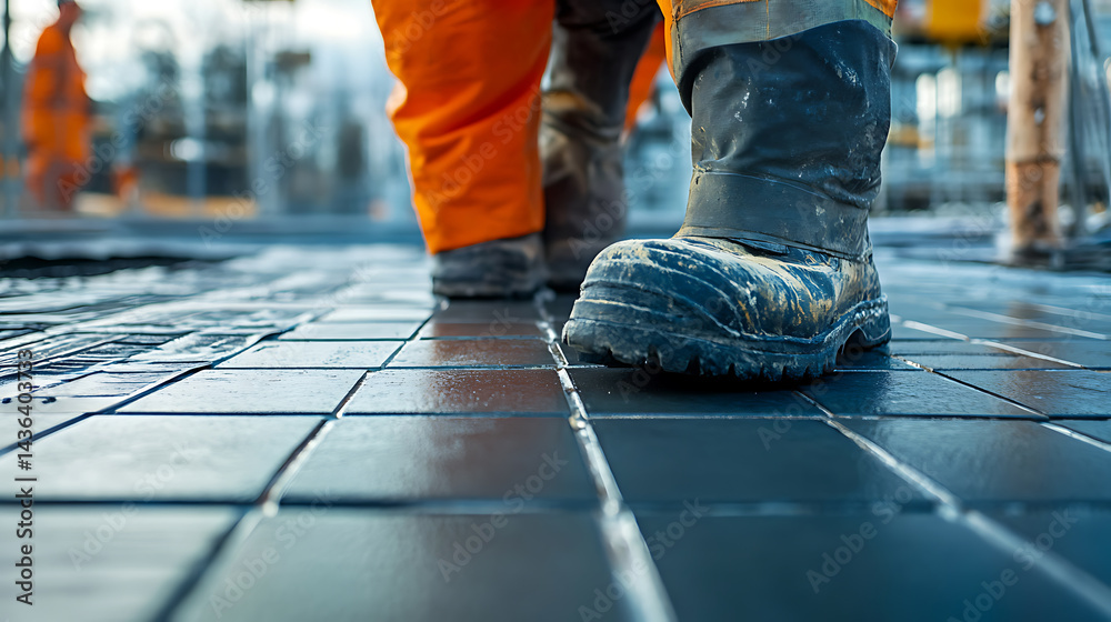 Fototapeta premium Construction Worker Walking on Wet Surface