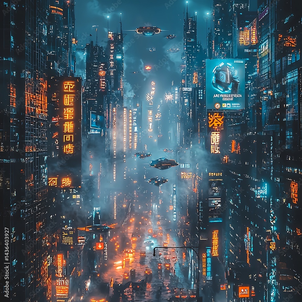Obraz premium Futuristic cyberpunk city in heavy rain high resolution picture