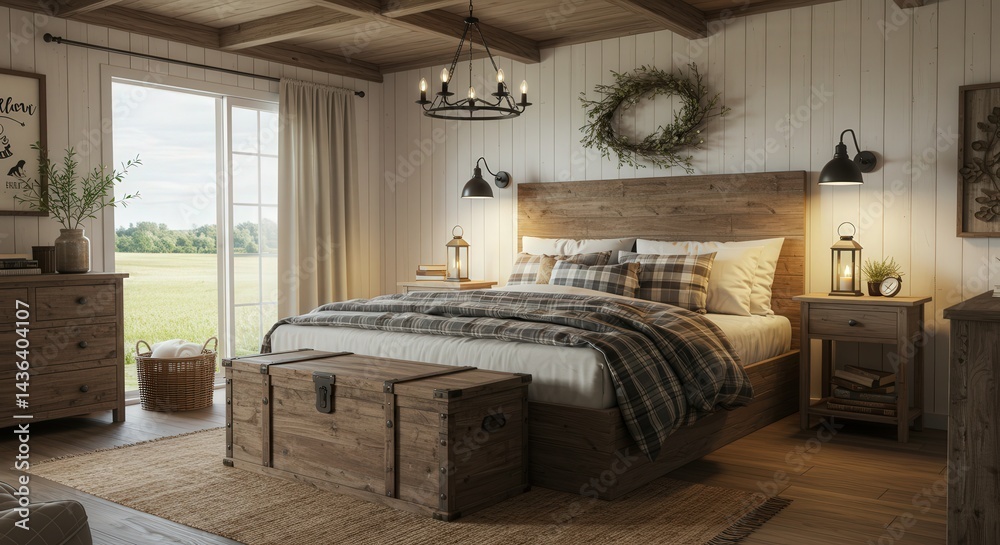 Obraz premium Rustic bedroom with wooden chest plaid bedding and natural light from a large window