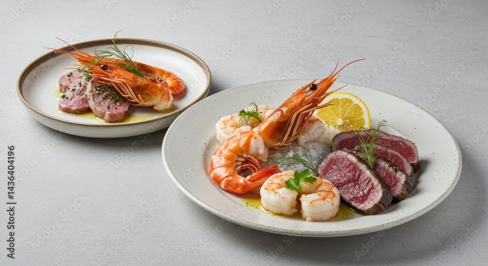 Two plates with seafood and tuna slices on a light surface. Two plates with seafood and tuna slices on a light surface.