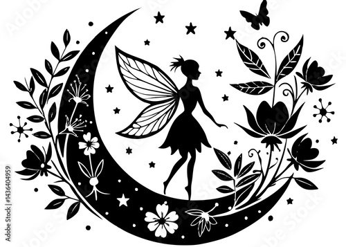Silhouette Fairy on Crescent Moon with Floral Design and Stars