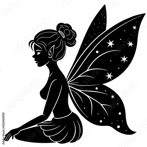 Elegant Black Silhouette of a Seated Fairy with Starry Wings