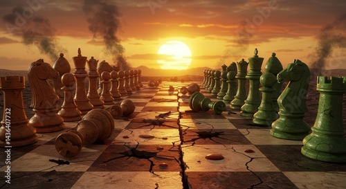 Cracked chessboard stretches into the horizon with saffron and green chess pieces, representing India and Pakistan, under a dramatic sunset sky.