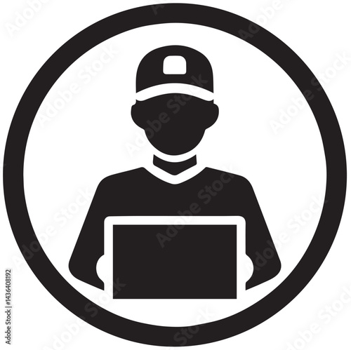 Illustration of human figure holding packet, courier, in circle, black on white background. 