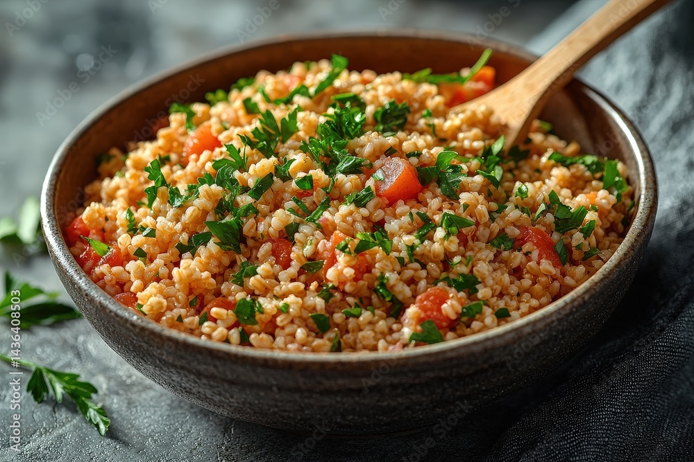 Delicious tabbouleh salad with fresh parsley and bulgur in a rustic bowl Delicious tabbouleh salad with fresh parsley and bulgur in a rustic bowl