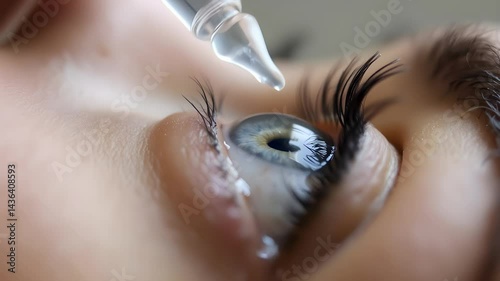 Close-up of an eye with a dropper applying eye drops for medical treatment and eye care.