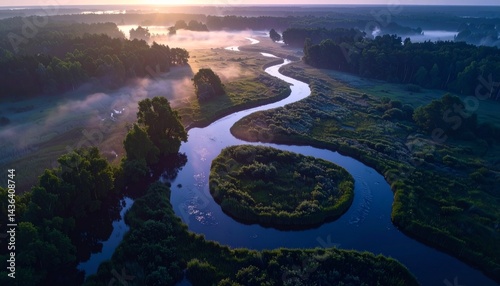 CRío brumoso que serpentea a través de exuberantes humedales verdes al amanecer, fotografía hiperrealista,