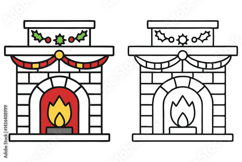 Cartoon Fireplace Art with Brick, Flame, and Holiday Decoration Elements