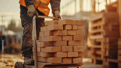 Construction Worker Moving Bricks on a Hand Truck