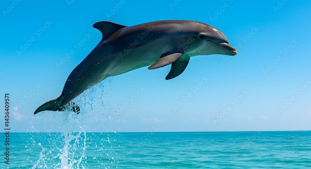Naklejka premium A majestic dolphin soaring through the air above the ocean's shimmering surface.