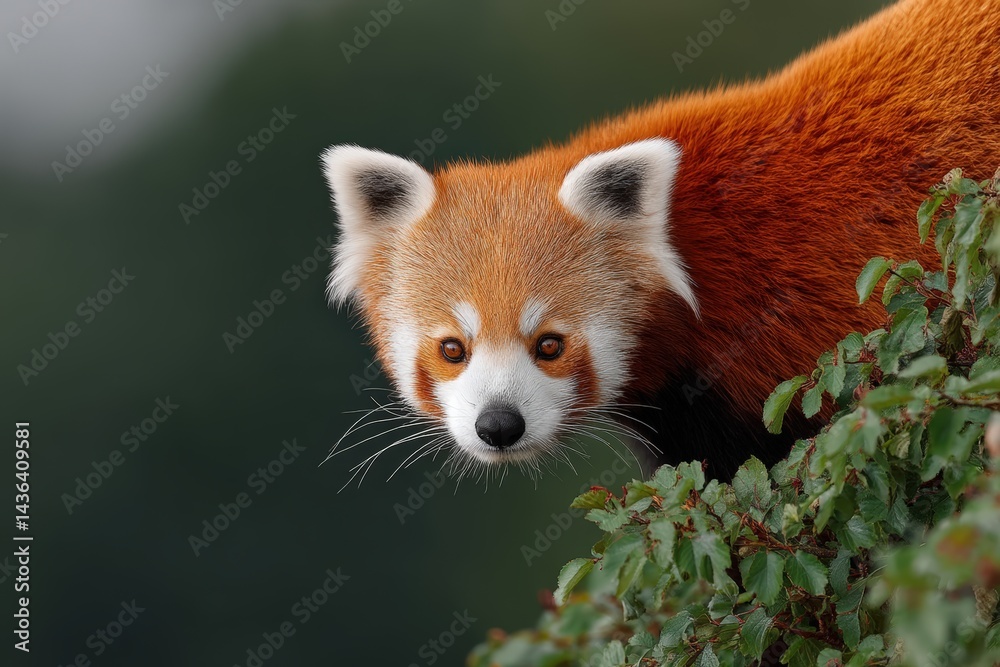 Obraz premium Red panda observes its surroundings in a lush green habitat at dawn