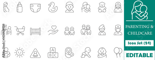 Minimalist parenting and childcare icon set featuring family care, baby essentials, early learning, and nurturing concepts. Perfect for websites, apps, and branding.