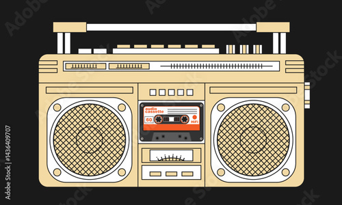 Stereo tape recorder with audio cassette. Graphic composition on black background. Vector illustration