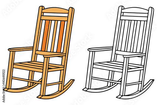 Two Rocking Chairs, One Colored With Orange Hue, One With Black Line Art