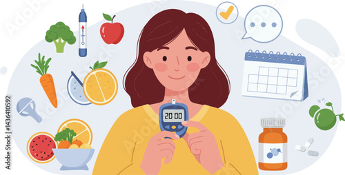 Female Character Managing Diabetes with Glucometer, Healthy Food Choices, and Pills - Medical Vector Set