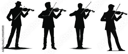 Set of four silhouettes illustration of man playing on violin, for logos or icon, black on white background. 
