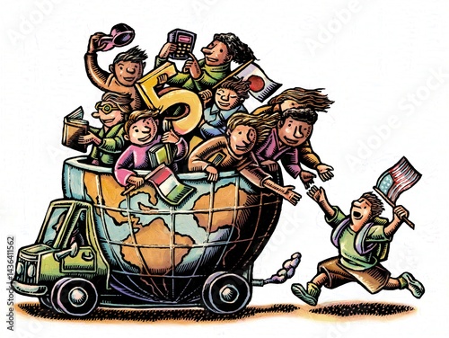 globe truck filled with international child students reach to raise american student on to the bus