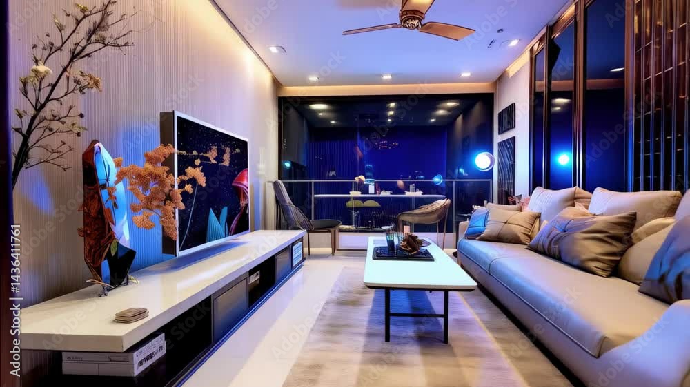Explore a unique condo with a stunning living room that merges creative design, quality furnishings, and a cyberpunk vibe