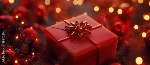 Festive allure: A captivating close-up of a red christmas present amid twinkling lights