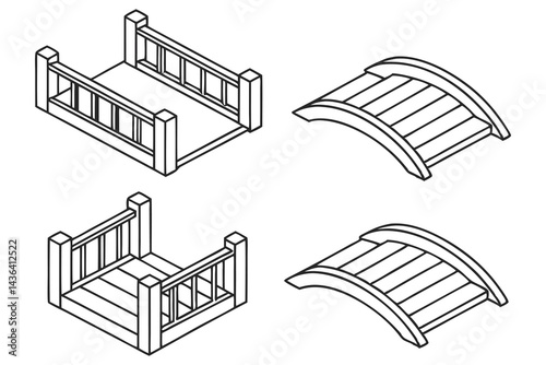Outline Style Isometric Wooden Box and Arch Bridge with Transparent Background