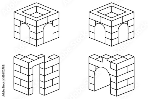 Isometric Outline Stone Structure, Castle Building Blocks, Transparent Background