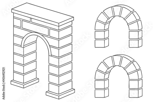 Outline Stone Archways Isometric View on Transparent Background Architecture