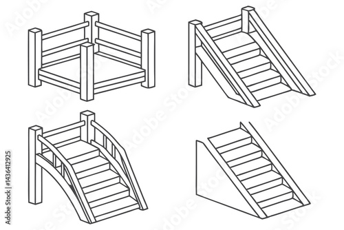 Isometric Line Art Four Wooden Stairs and One Bridge on Transparent Background