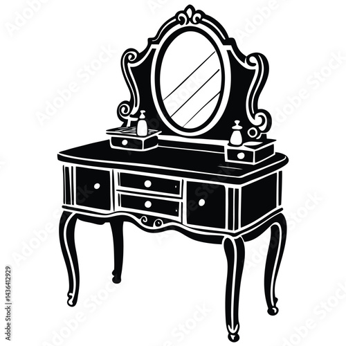 Vintage Dressing Table with Mirror - Black and White Silhouette