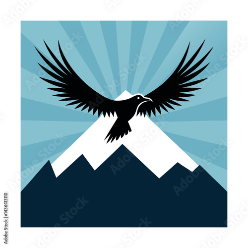 Condor Flying Above Mountain with Sunburst Outline Art