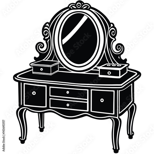 Vintage Dressing Table with Mirror - Black and White Silhouette