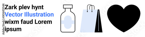 Medicine bottle, bag, and heart visual design for themes thumbs up healthcare, retail, charity, love, wellness lifestyle and simple landing page. Line metaphor. Simple line icons
