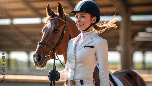 Equestrian holding reins, smiling proudly beside horse in riding arena