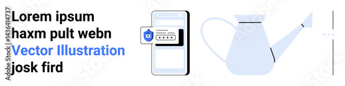 Smartphone displaying security alert next to watering can and progress bar. Ideal for security, growth, digital innovation, tech support, gardening apps, privacy enhancement, and simple landing page