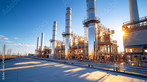 A brightly lit, realistic gas-fired power station situated in an open industrial landscape, showcasing heat recovery steam generator units, chrome exhaust towers, clean pipeline networks, and