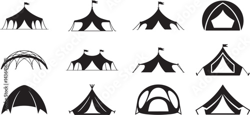 Camping Tent Collection of  Silhouette vector on transparent background.
