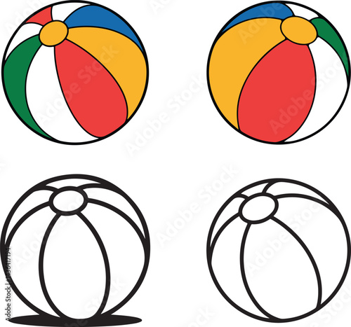 Beach ball Collection of Colorful outline vector on transparent background.