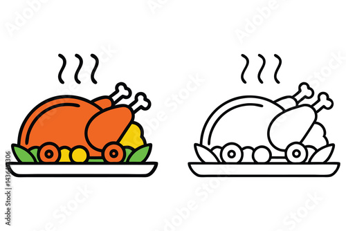 Roasted Turkey with Smoke on Plate, Outline and Colorful Drawing Set Icon