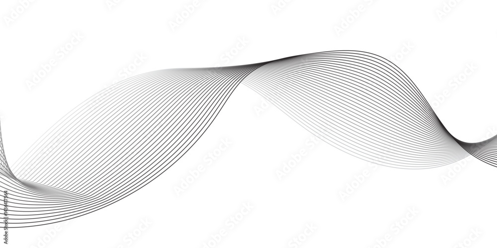 Fototapeta premium Create a vector illustration of a black abstract wave pattern on a white background. The wave should have a smooth, flowing form with overlapping transparent lines and gradient mesh effects, creating