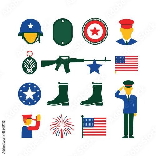 Set of 10 icons representing USA military and freedom for Independence Day