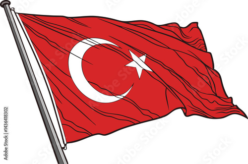 Waving Turkish flag with vibrant red and white crescent star in realistic 3D design