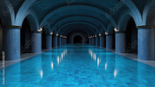 Dark, elegant indoor pool with arched ceilings