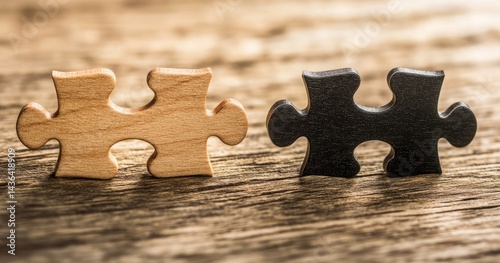 Two puzzle pieces, light and dark, on a wooden surface