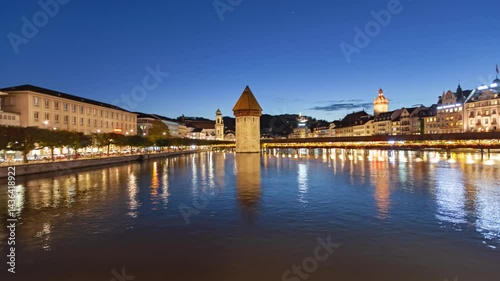 Day to night hyper lapse panorama Lucerne old town, Switzerland.