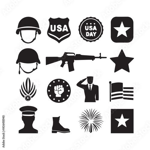 Set of 10 icons representing USA military and freedom for Independence Day