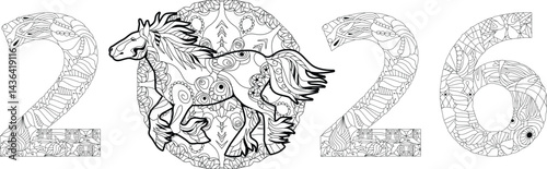 Zentangle stylized number 2026 with horse. Hand Drawn lace vector illustration for coloring