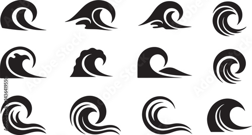 Collection of stylized ocean wave shapes Silhouette vector art on transparent background. Design template. Vector illustration.